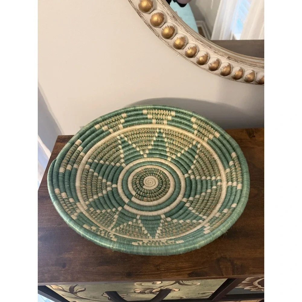 Handwoven African Basket‎ Bowl Green Natural Fiber Coiled Wall Decor 12